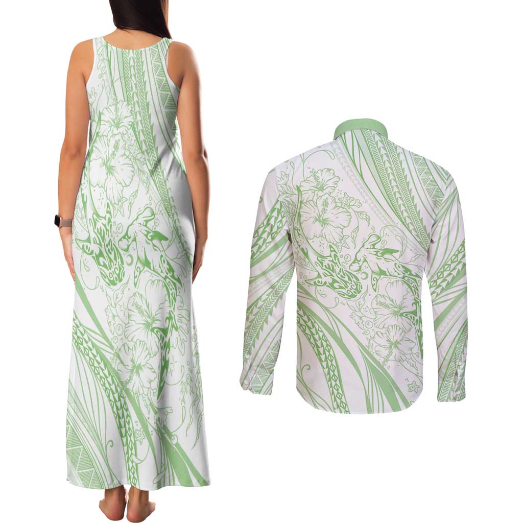 Sharks Couple Dreamy Polynesians Floral Sea Couples Matching Tank Maxi Dress and Long Sleeve Button Shirt Emerald LT7 - Polynesian Pride