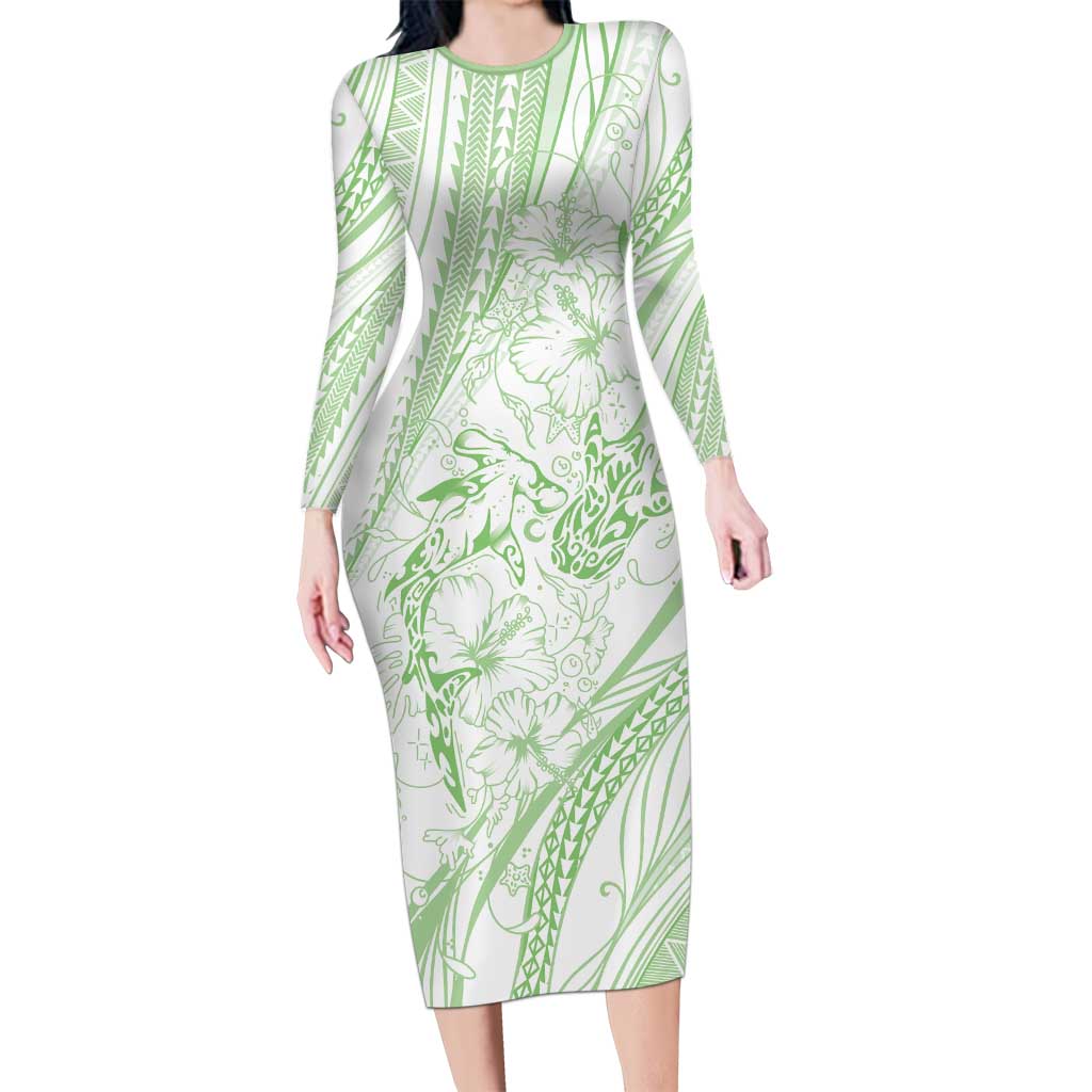 Sharks Couple Dreamy Polynesians Floral Sea Family Matching Long Sleeve Bodycon Dress and Hawaiian Shirt Emerald LT7 Mom's Dress Emerald - Polynesian Pride