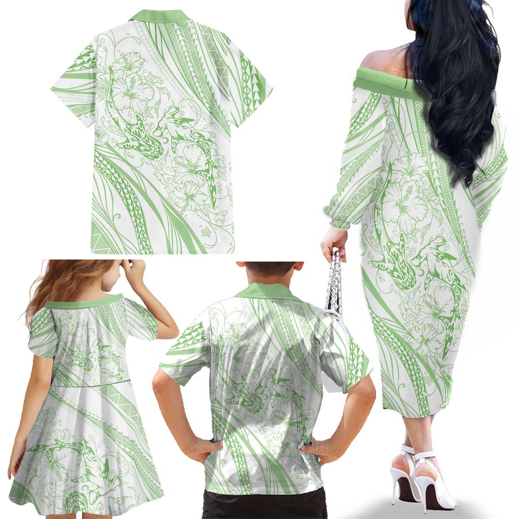 Sharks Couple Dreamy Polynesians Floral Sea Family Matching Off The Shoulder Long Sleeve Dress and Hawaiian Shirt Emerald LT7 - Polynesian Pride