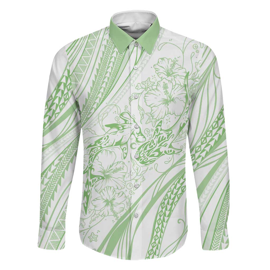Sharks Couple Dreamy Polynesians Floral Sea Family Matching Puletasi and Hawaiian Shirt Emerald LT7 Dad's Shirt - Long Sleeve Emerald - Polynesian Pride