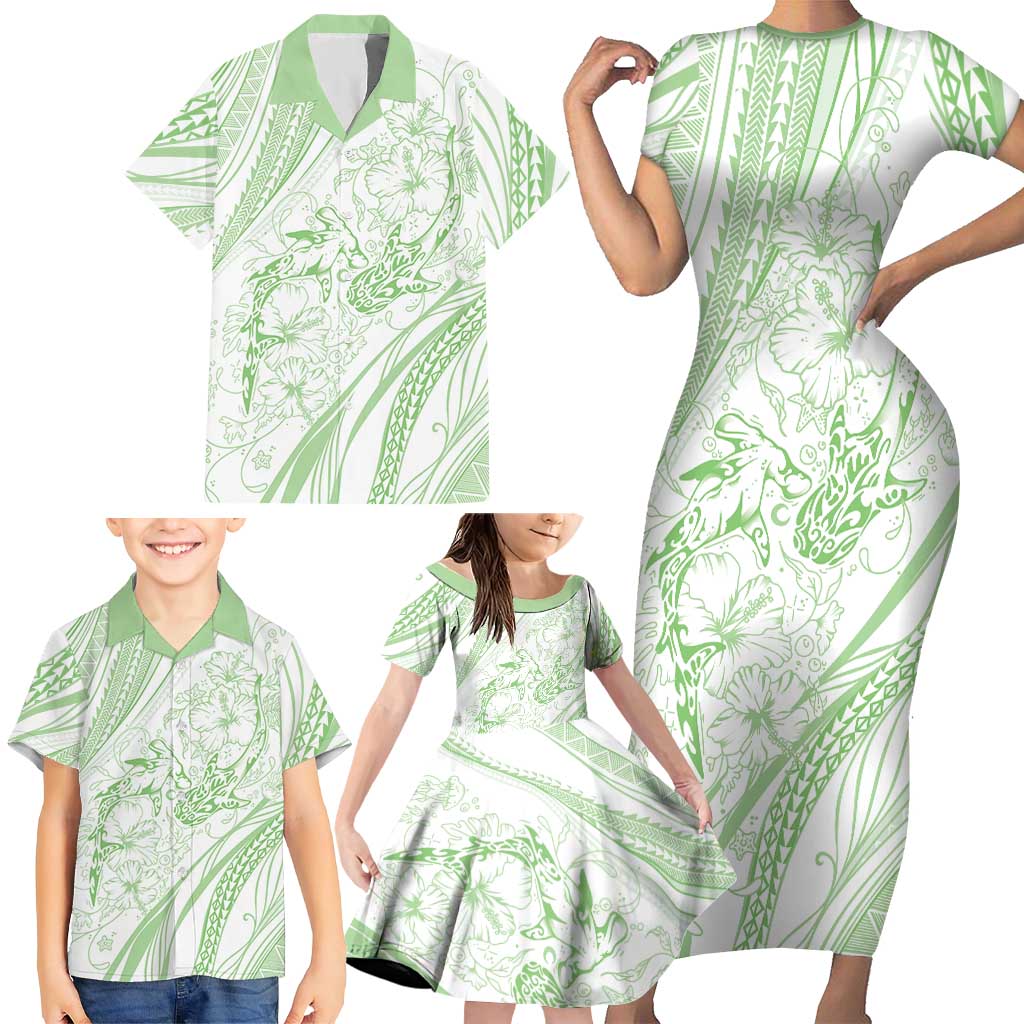 Sharks Couple Dreamy Polynesians Floral Sea Family Matching Short Sleeve Bodycon Dress and Hawaiian Shirt Emerald - Polynesian Pride