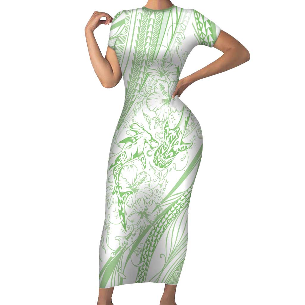 Sharks Couple Dreamy Polynesians Floral Sea Family Matching Short Sleeve Bodycon Dress and Hawaiian Shirt Emerald LT7 Mom's Dress Emerald - Polynesian Pride