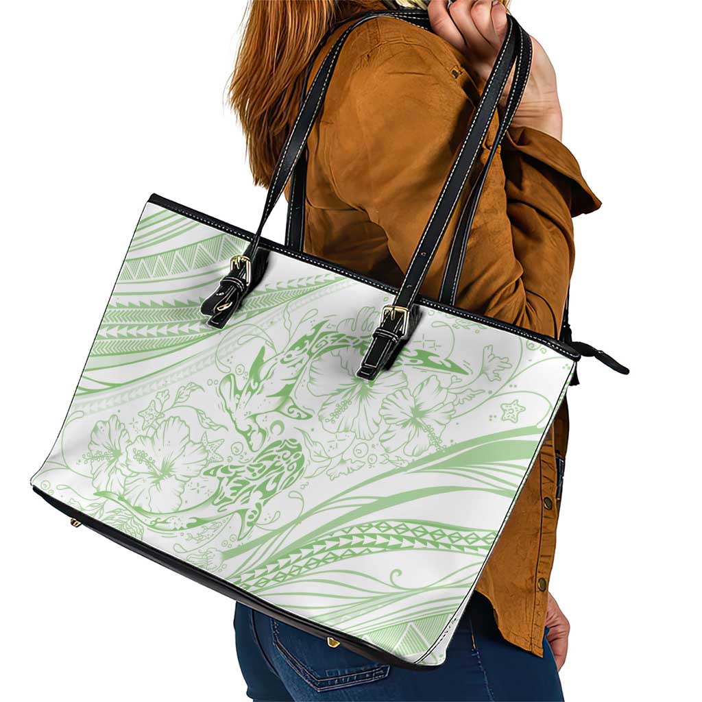 Sharks Couple Dreamy Polynesians Floral Sea Leather Tote Bag Emerald LT7 - Polynesian Pride