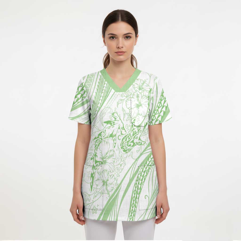 Sharks Couple Dreamy Polynesians Floral Sea Scrub Top Emerald - Polynesian Pride