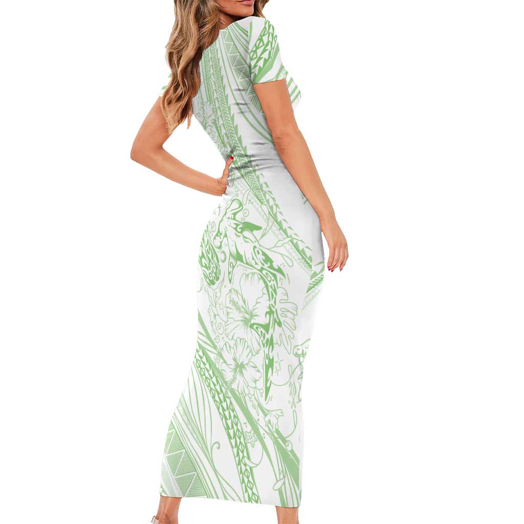Sharks Couple Dreamy Polynesians Floral Sea Short Sleeve Bodycon Dress Emerald - Polynesian Pride