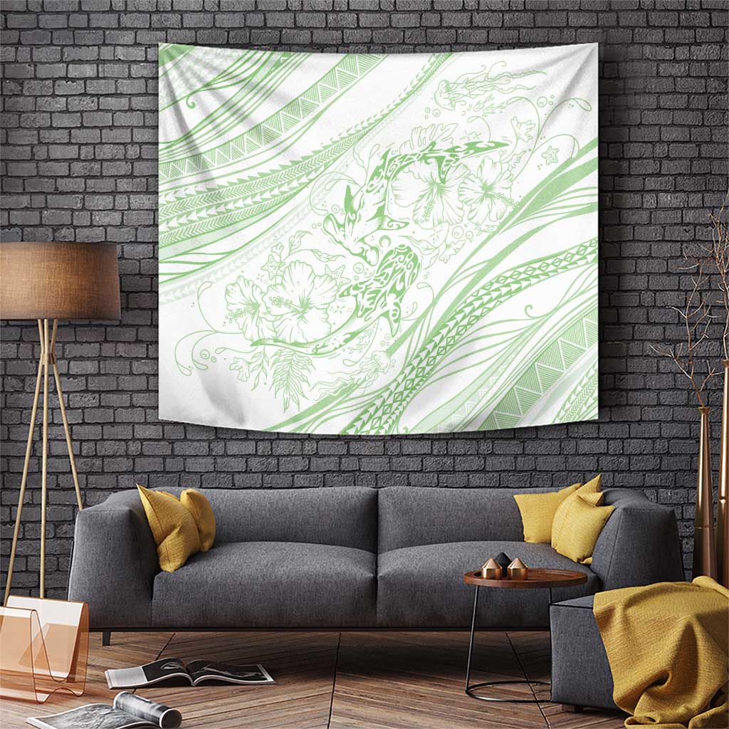 Sharks Couple Dreamy Polynesians Floral Sea Tapestry Emerald - Polynesian Pride