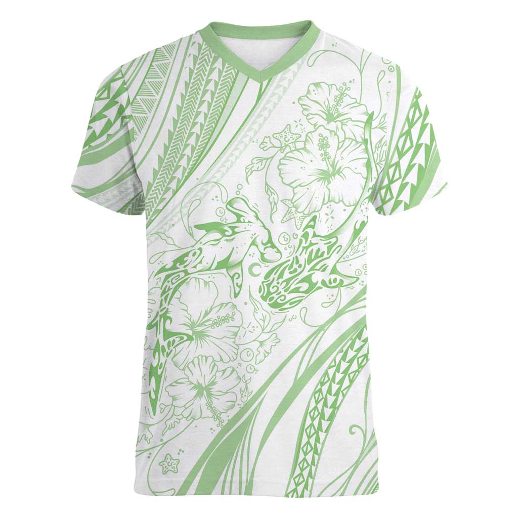 Sharks Couple Dreamy Polynesians Floral Sea Women V-Neck T-Shirt Emerald - Polynesian Pride