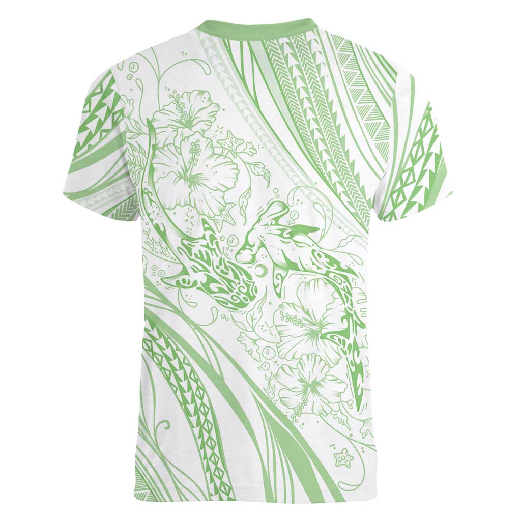 Sharks Couple Dreamy Polynesians Floral Sea Women V-Neck T-Shirt Emerald LT7 - Polynesian Pride