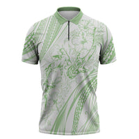 Sharks Couple Dreamy Polynesians Floral Sea Zipper Polo Shirt Emerald - Polynesian Pride