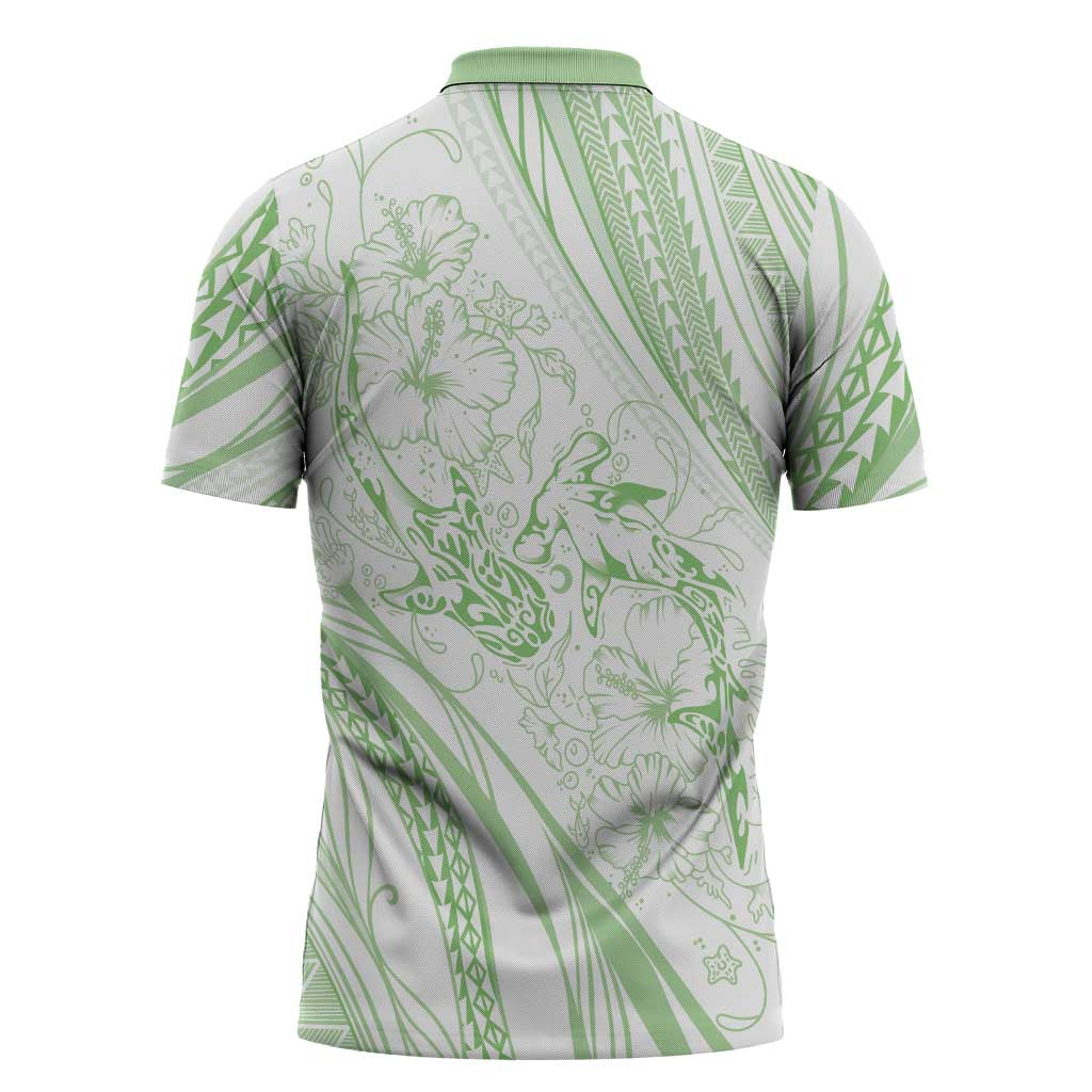 Sharks Couple Dreamy Polynesians Floral Sea Zipper Polo Shirt Emerald - Polynesian Pride