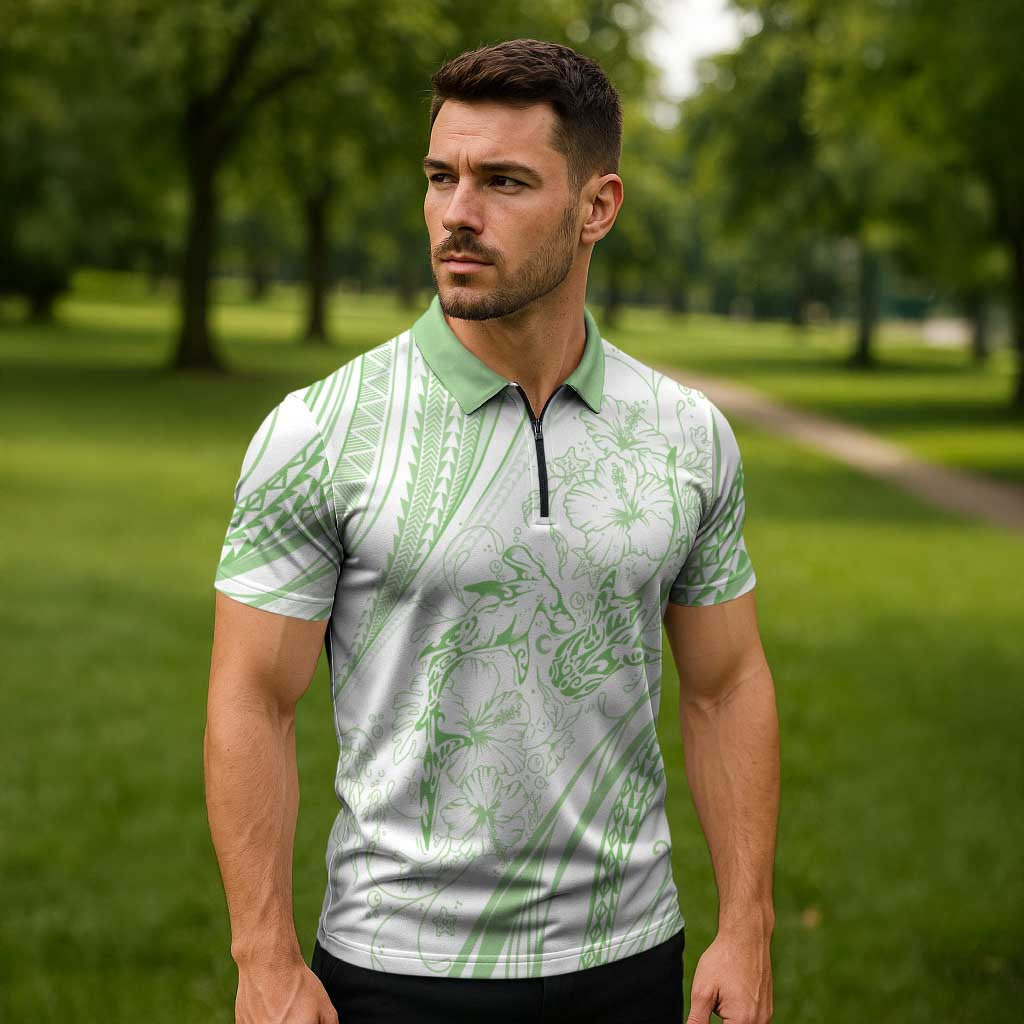 Sharks Couple Dreamy Polynesians Floral Sea Zipper Polo Shirt Emerald - Polynesian Pride