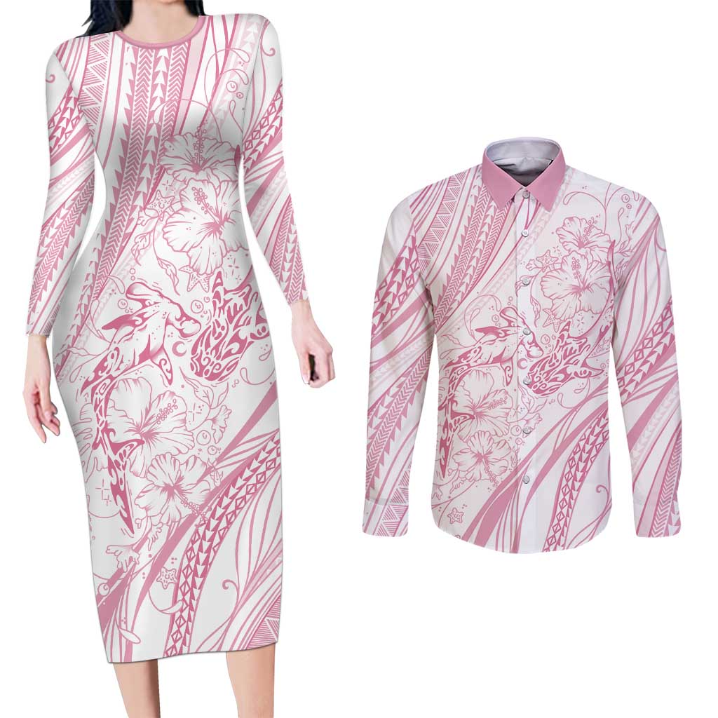 Sharks Couple Dreamy Polynesians Floral Sea Couples Matching Long Sleeve Bodycon Dress and Long Sleeve Button Shirt Pink LT7 Pink - Polynesian Pride