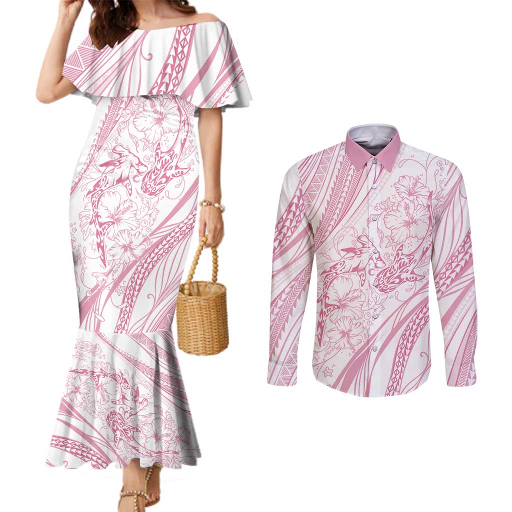 Sharks Couple Dreamy Polynesians Floral Sea Couples Matching Mermaid Dress and Long Sleeve Button Shirt Pink LT7 Pink - Polynesian Pride