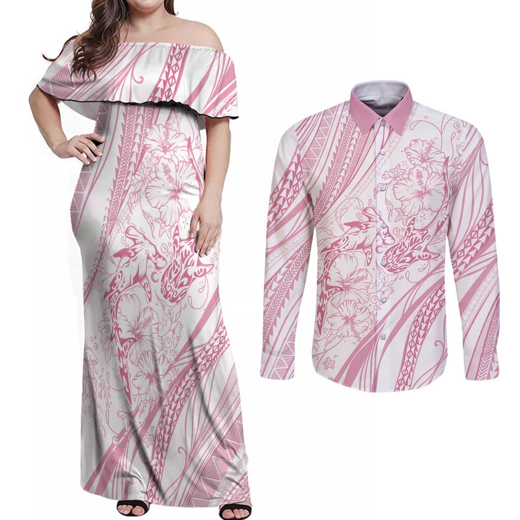 Sharks Couple Dreamy Polynesians Floral Sea Couples Matching Off Shoulder Maxi Dress and Long Sleeve Button Shirt Pink LT7 Pink - Polynesian Pride
