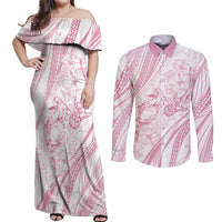 Sharks Couple Dreamy Polynesians Floral Sea Couples Matching Off Shoulder Maxi Dress and Long Sleeve Button Shirt Pink LT7 Pink - Polynesian Pride