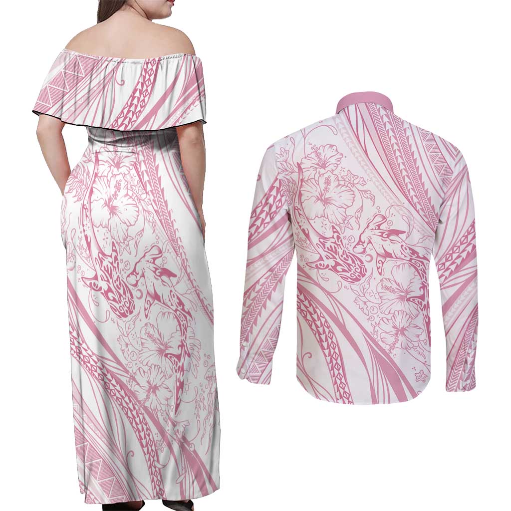 Sharks Couple Dreamy Polynesians Floral Sea Couples Matching Off Shoulder Maxi Dress and Long Sleeve Button Shirt Pink LT7 - Polynesian Pride