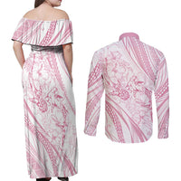 Sharks Couple Dreamy Polynesians Floral Sea Couples Matching Off Shoulder Maxi Dress and Long Sleeve Button Shirt Pink LT7 - Polynesian Pride