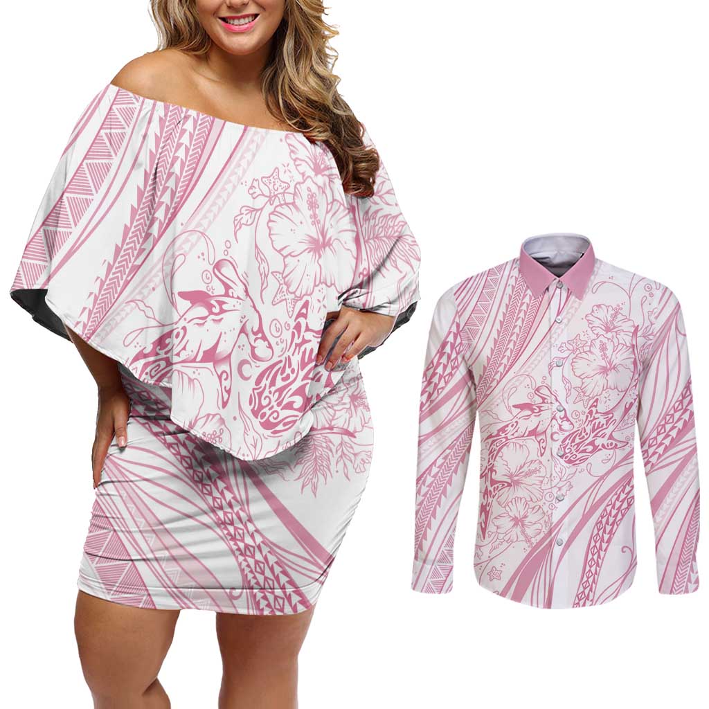 Sharks Couple Dreamy Polynesians Floral Sea Couples Matching Off Shoulder Short Dress and Long Sleeve Button Shirt Pink LT7 Pink - Polynesian Pride