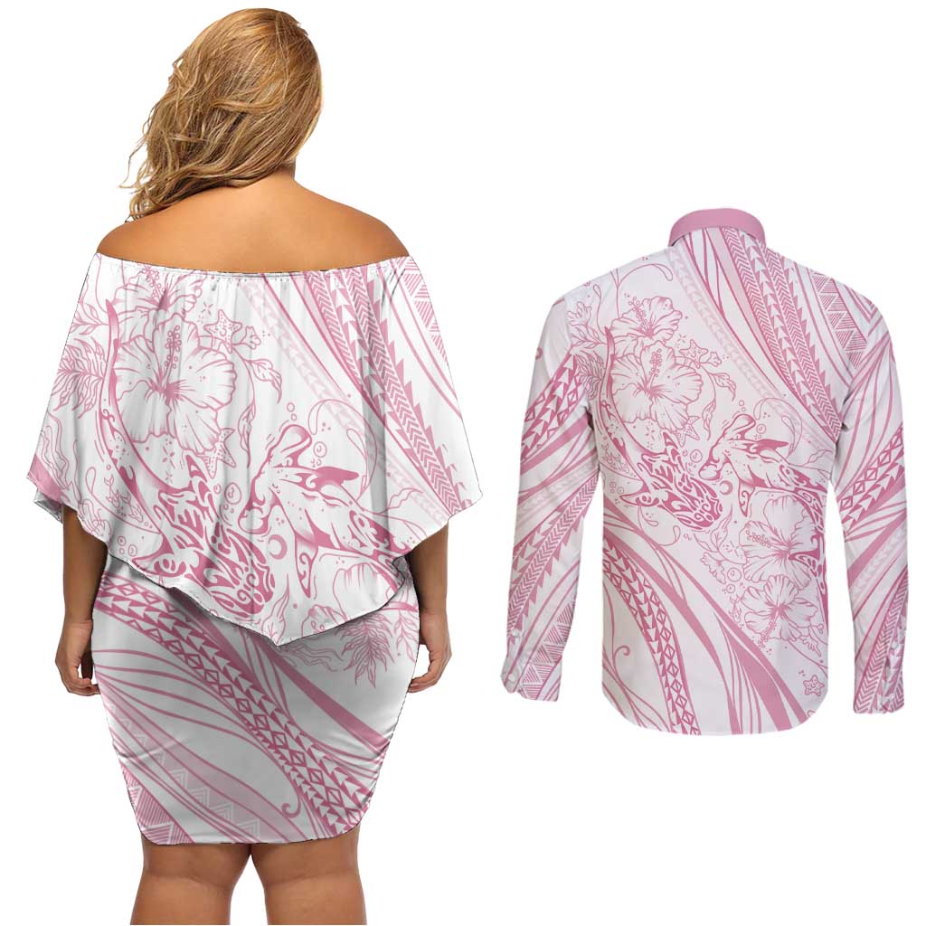 Sharks Couple Dreamy Polynesians Floral Sea Couples Matching Off Shoulder Short Dress and Long Sleeve Button Shirt Pink LT7 - Polynesian Pride
