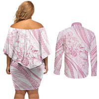 Sharks Couple Dreamy Polynesians Floral Sea Couples Matching Off Shoulder Short Dress and Long Sleeve Button Shirt Pink LT7 - Polynesian Pride