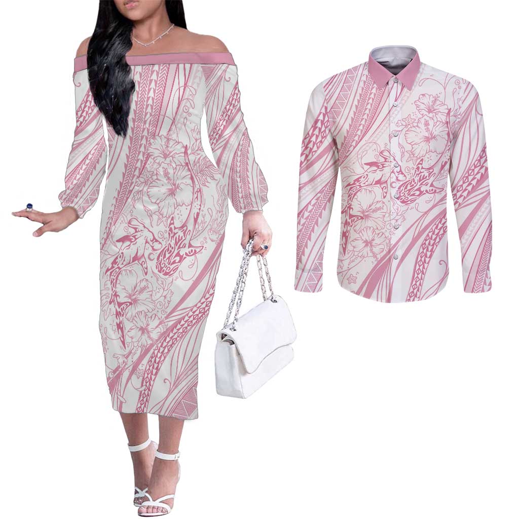 Sharks Couple Dreamy Polynesians Floral Sea Couples Matching Off The Shoulder Long Sleeve Dress and Long Sleeve Button Shirt Pink LT7 Pink - Polynesian Pride