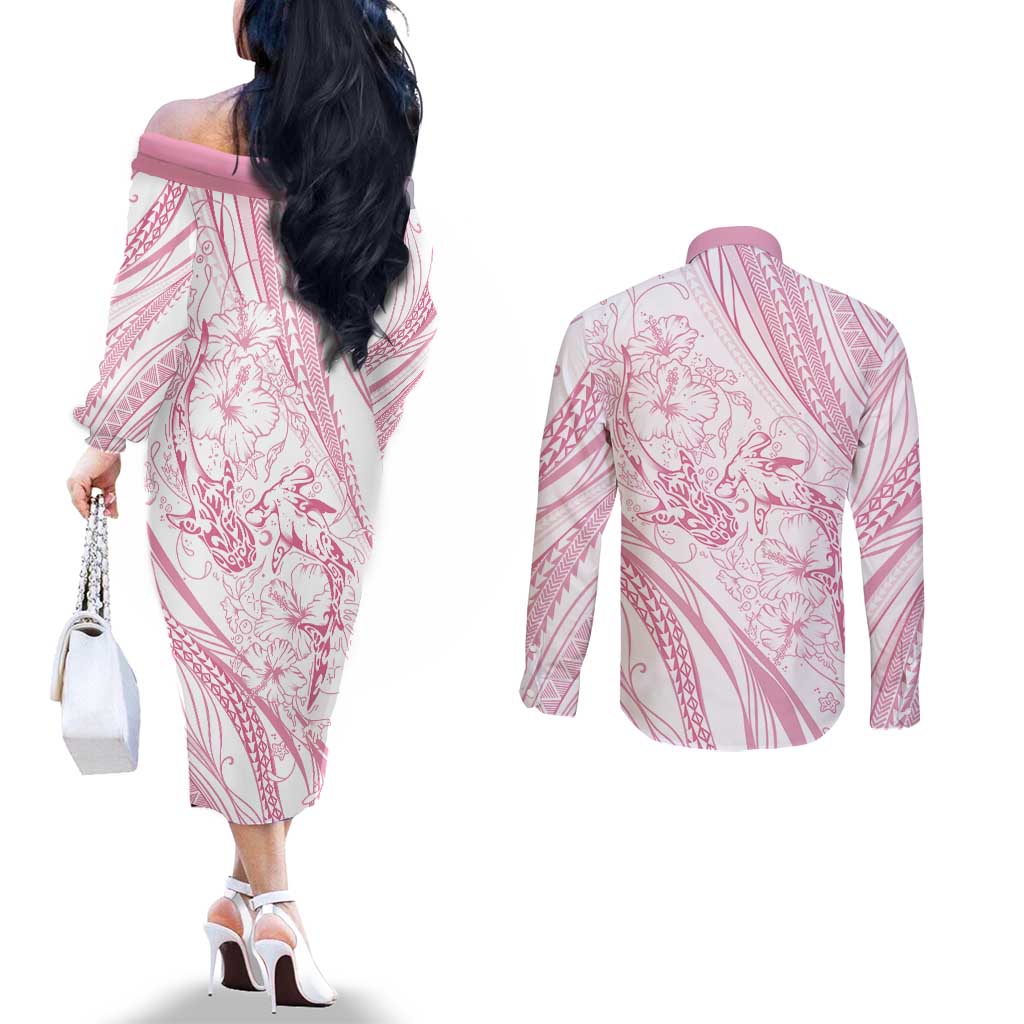 Sharks Couple Dreamy Polynesians Floral Sea Couples Matching Off The Shoulder Long Sleeve Dress and Long Sleeve Button Shirt Pink LT7 - Polynesian Pride