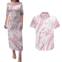 Sharks Couple Dreamy Polynesians Floral Sea Couples Matching Puletasi and Hawaiian Shirt Pink LT7 Pink - Polynesian Pride