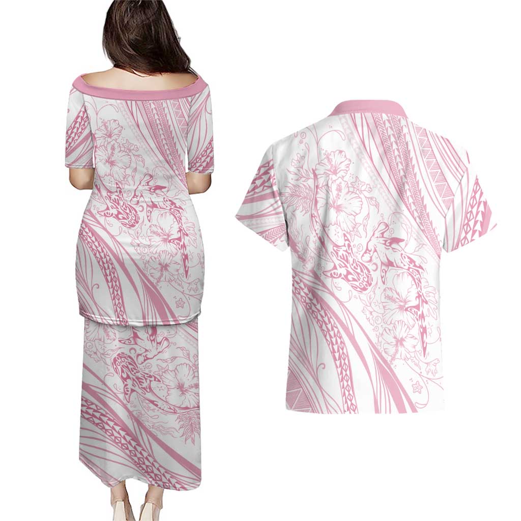 Sharks Couple Dreamy Polynesians Floral Sea Couples Matching Puletasi and Hawaiian Shirt Pink LT7 - Polynesian Pride