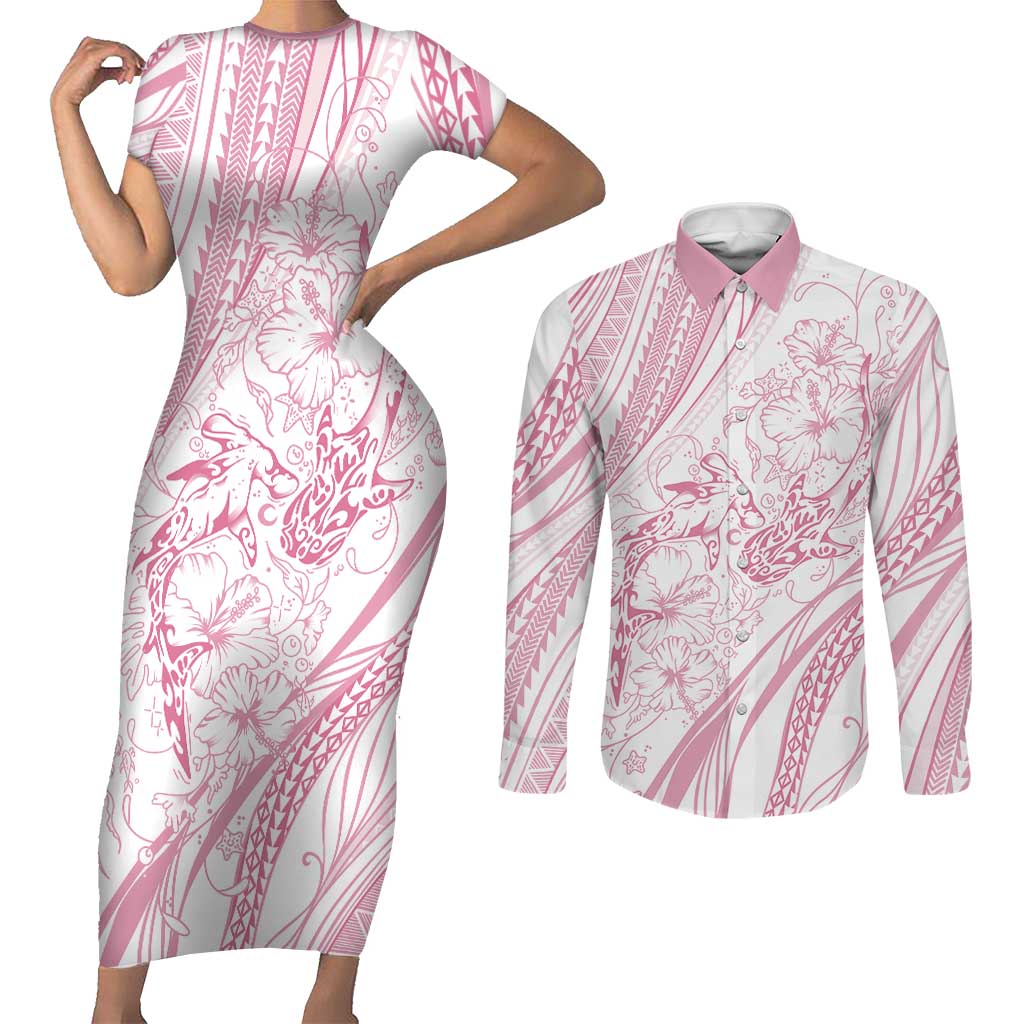 Sharks Couple Dreamy Polynesians Floral Sea Couples Matching Short Sleeve Bodycon Dress and Long Sleeve Button Shirt Pink LT7 Pink - Polynesian Pride
