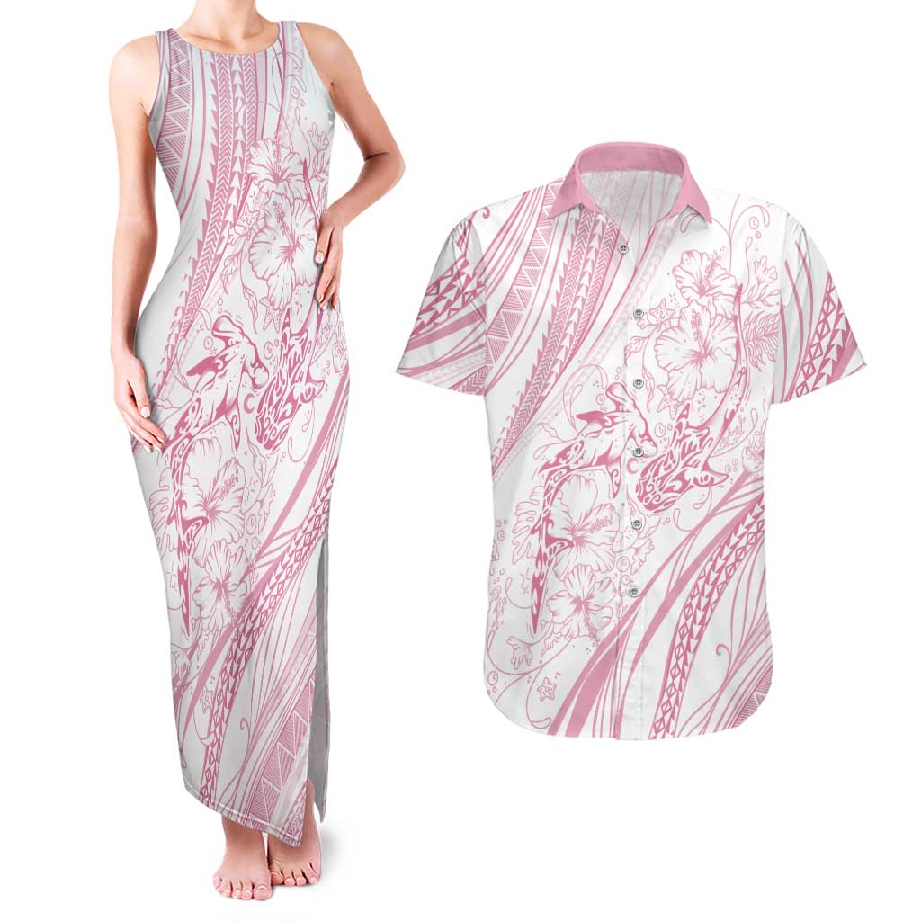 Sharks Couple Dreamy Polynesians Floral Sea Couples Matching Tank Maxi Dress and Hawaiian Shirt Pink LT7 Pink - Polynesian Pride