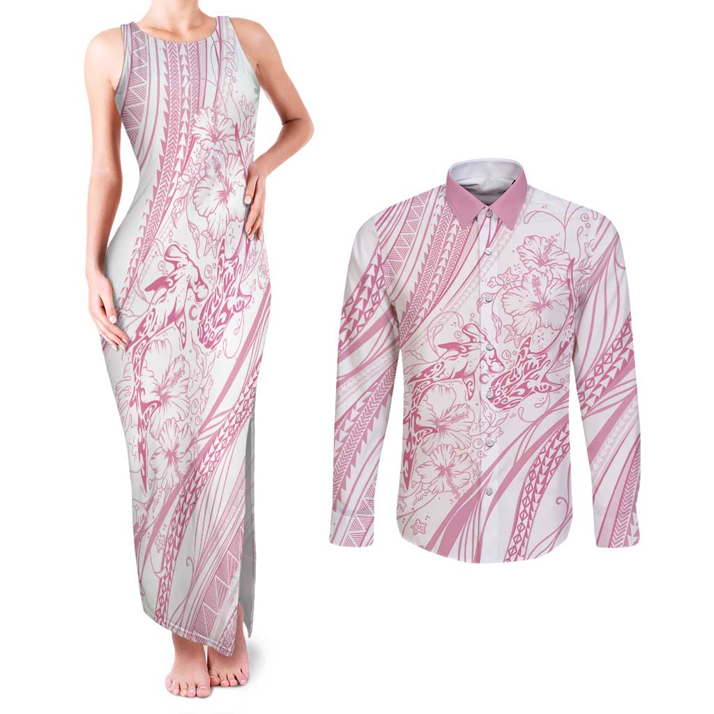 Sharks Couple Dreamy Polynesians Floral Sea Couples Matching Tank Maxi Dress and Long Sleeve Button Shirt Pink LT7 Pink - Polynesian Pride