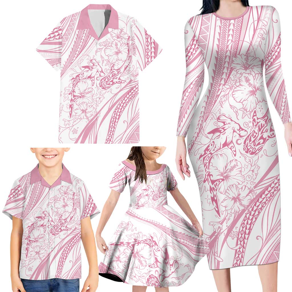 Sharks Couple Dreamy Polynesians Floral Sea Family Matching Long Sleeve Bodycon Dress and Hawaiian Shirt Pink LT7 - Polynesian Pride