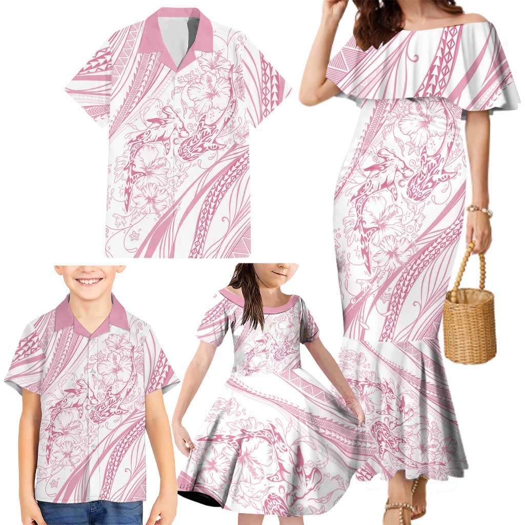 Sharks Couple Dreamy Polynesians Floral Sea Family Matching Mermaid Dress and Hawaiian Shirt Pink LT7 - Polynesian Pride