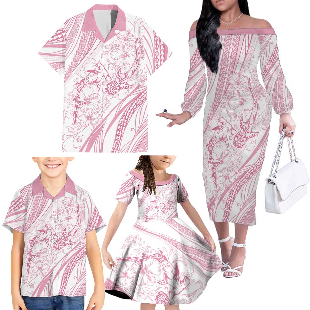 Sharks Couple Dreamy Polynesians Floral Sea Family Matching Off The Shoulder Long Sleeve Dress and Hawaiian Shirt Pink LT7 - Polynesian Pride