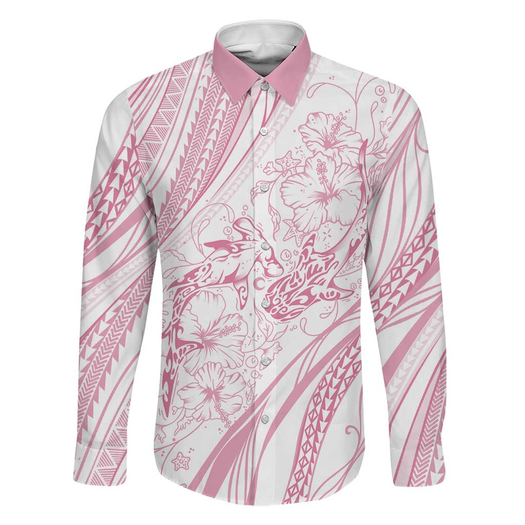 Sharks Couple Dreamy Polynesians Floral Sea Family Matching Off Shoulder Maxi Dress and Hawaiian Shirt Pink LT7 Dad's Shirt - Long Sleeve Pink - Polynesian Pride
