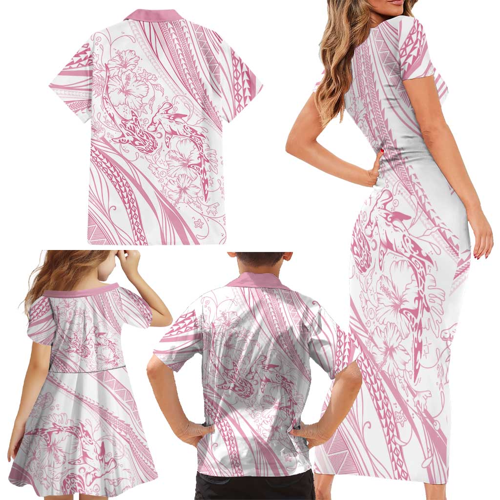 Sharks Couple Dreamy Polynesians Floral Sea Family Matching Short Sleeve Bodycon Dress and Hawaiian Shirt Pink LT7 - Polynesian Pride