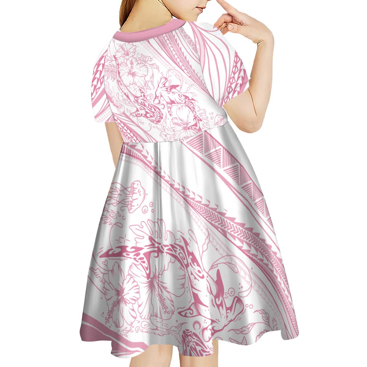 Sharks Couple Dreamy Polynesians Floral Sea Kid Short Sleeve Dress Pink LT7 - Polynesian Pride