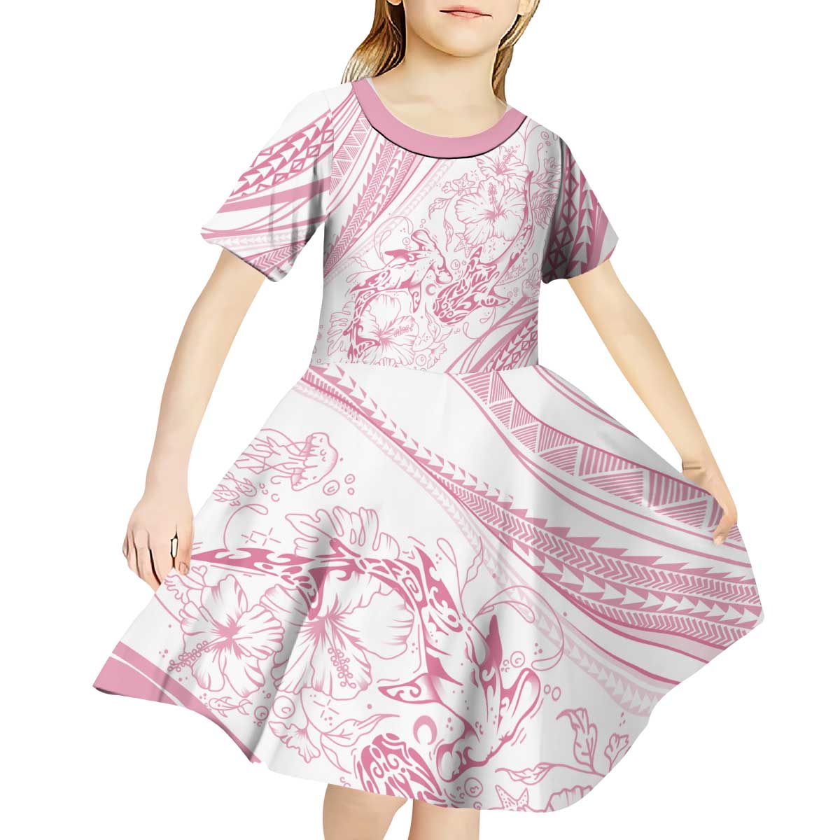 Sharks Couple Dreamy Polynesians Floral Sea Kid Short Sleeve Dress Pink LT7 - Polynesian Pride