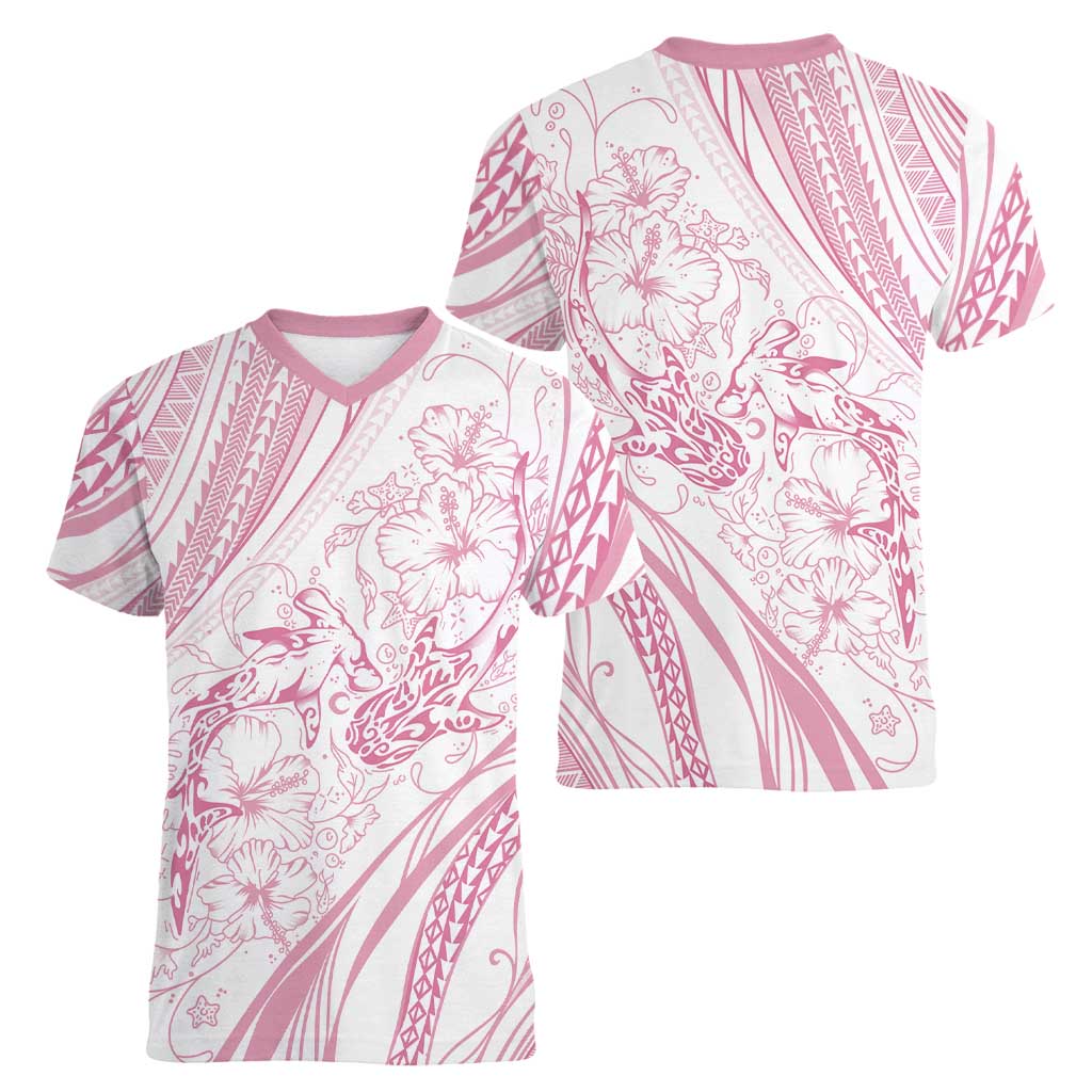 Sharks Couple Dreamy Polynesians Floral Sea Women V-Neck T-Shirt Pink LT7 - Polynesian Pride