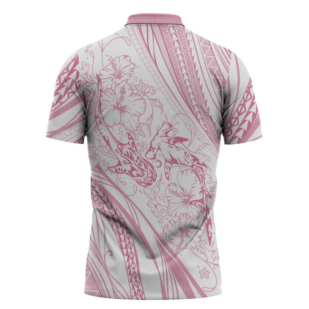 Sharks Couple Dreamy Polynesians Floral Sea Zipper Polo Shirt Pink LT7 - Polynesian Pride