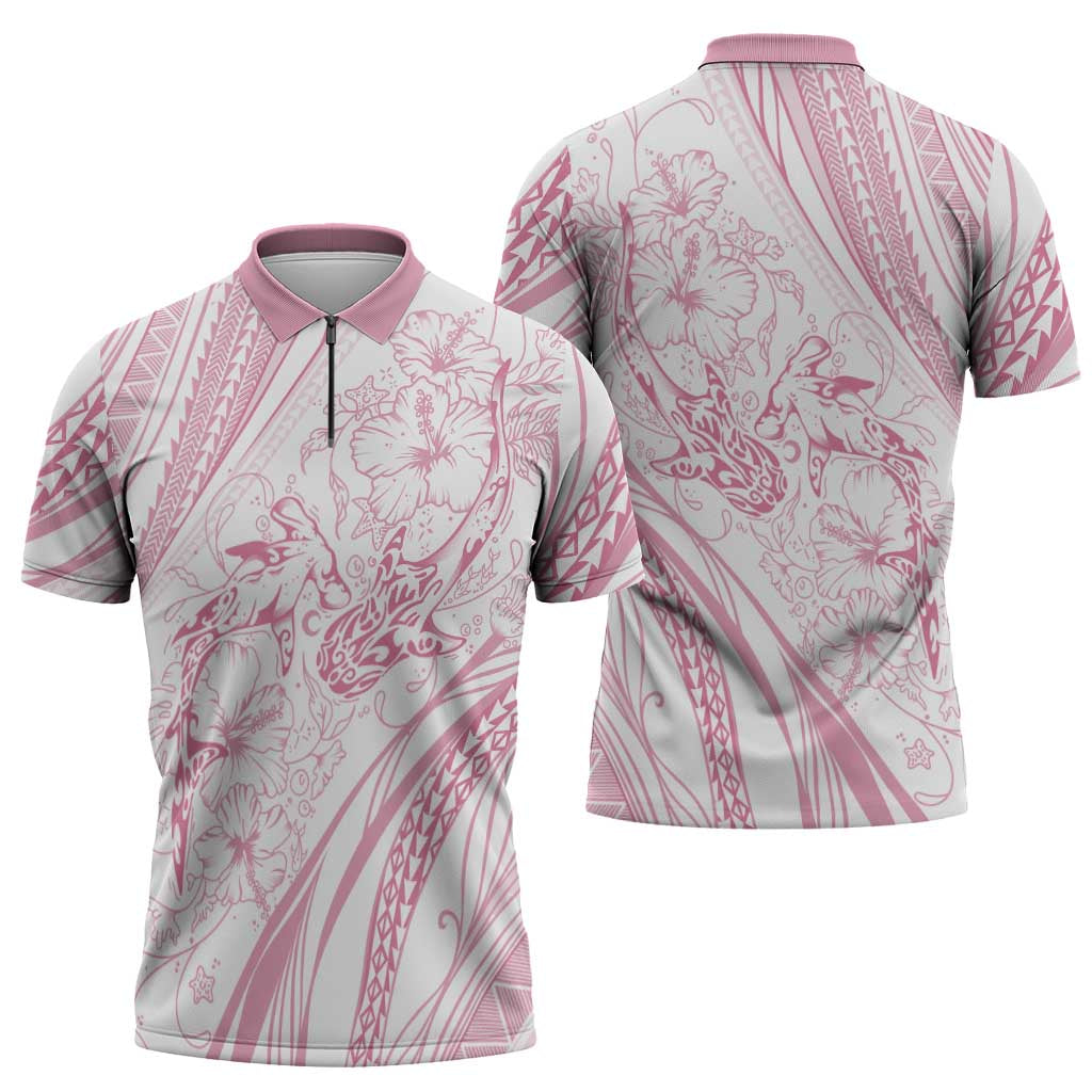 Sharks Couple Dreamy Polynesians Floral Sea Zipper Polo Shirt Pink LT7 - Polynesian Pride