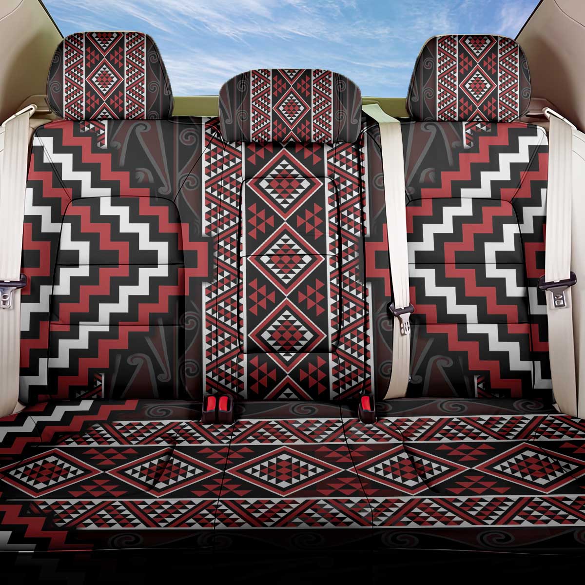 Red Tukutuku Pattern Aotearoa Back Car Seat Cover Niho Taniwha and Puhoro Motifs LT7 One Size Red - Polynesian Pride