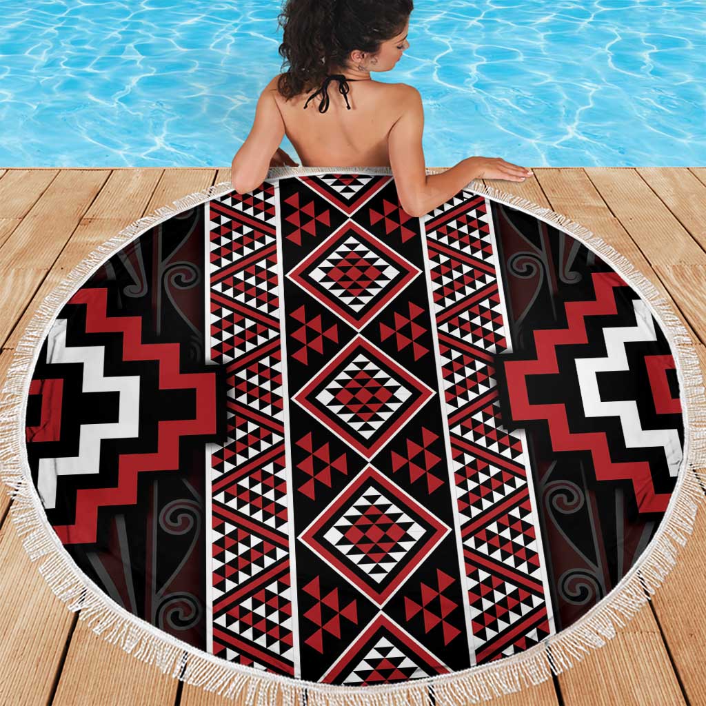 Red Tukutuku Pattern Aotearoa Beach Blanket Niho Taniwha and Puhoro Motifs