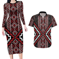 Red Tukutuku Pattern Aotearoa Couples Matching Long Sleeve Bodycon Dress and Hawaiian Shirt Niho Taniwha and Puhoro Motifs LT7 Red - Polynesian Pride