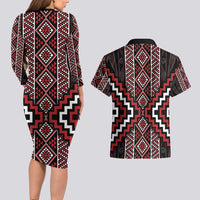 Red Tukutuku Pattern Aotearoa Couples Matching Long Sleeve Bodycon Dress and Hawaiian Shirt Niho Taniwha and Puhoro Motifs LT7 - Polynesian Pride