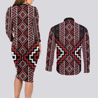 Red Tukutuku Pattern Aotearoa Couples Matching Long Sleeve Bodycon Dress and Long Sleeve Button Shirt Niho Taniwha and Puhoro Motifs LT7 - Polynesian Pride