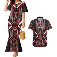 Red Tukutuku Pattern Aotearoa Couples Matching Mermaid Dress and Hawaiian Shirt Niho Taniwha and Puhoro Motifs LT7 Red - Polynesian Pride