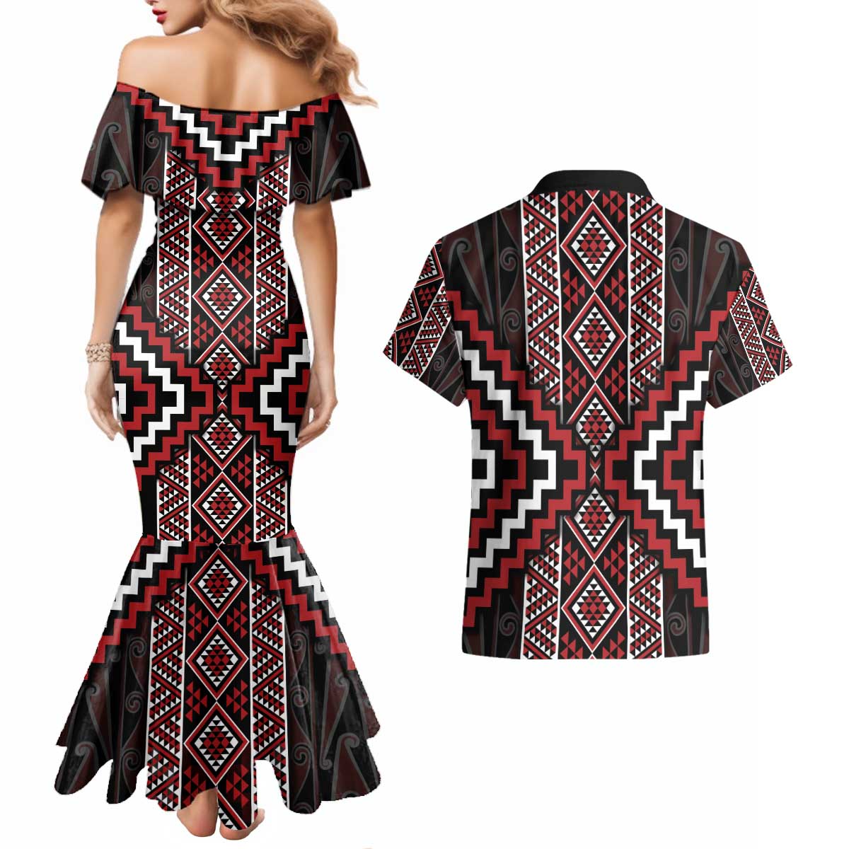 Red Tukutuku Pattern Aotearoa Couples Matching Mermaid Dress and Hawaiian Shirt Niho Taniwha and Puhoro Motifs LT7 - Polynesian Pride