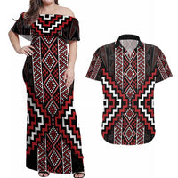 Red Tukutuku Pattern Aotearoa Couples Matching Off Shoulder Maxi Dress and Hawaiian Shirt Niho Taniwha and Puhoro Motifs LT7 Red - Polynesian Pride