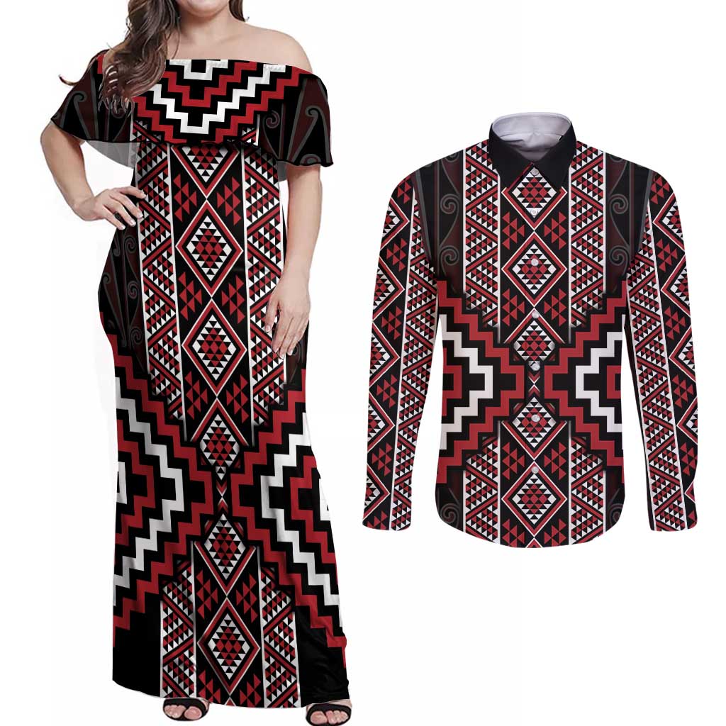 Red Tukutuku Pattern Aotearoa Couples Matching Off Shoulder Maxi Dress and Long Sleeve Button Shirt Niho Taniwha and Puhoro Motifs LT7 Red - Polynesian Pride